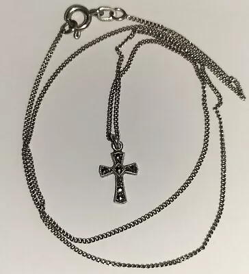 Vintage Silver Chain Necklace With Petite Marcasite Cross Pendant 40 Cm 2g • $44.99