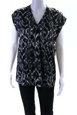 H Halston Womens V Neck Sleeveless Abstract Blouse Top Blue Size Small • $34.81