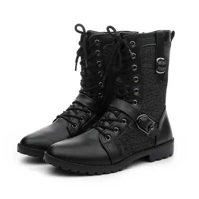 Mens Round Toe Military Lace Up Shoes Punk Mid Calf Army Combat Boots Motorcycle • $36.89