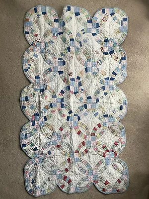 Antique Feedsack Double Wedding Ring Quilt Scalloped Baby Crib 1930s 29” X 53” • $110.75