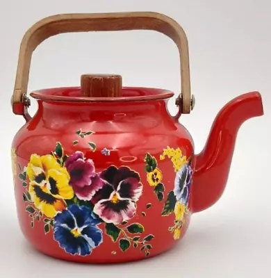 Vintage Red Yellow Blue Flower Floral Tea Pot With Wooden Handle Coated Metal • £30.40