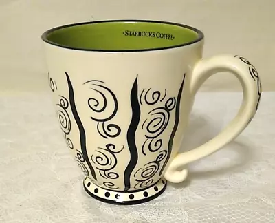 Vintage Starbucks Barista Series Large Ceramic White Black Green Pedestal Mug • $24.88