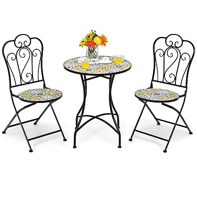 3Pcs Outdoor Conversation Set Mosaic Design Patio Bistro Table Folding Chair Set • £134.95