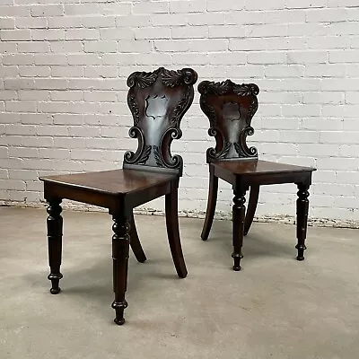 Pair Of Antique Mahogany Hall Chairs • £425