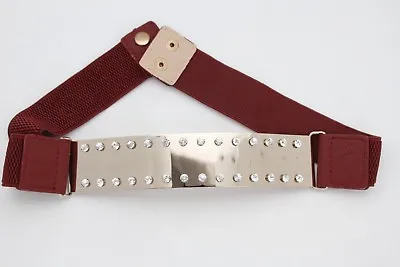 Women Dark Red Elastic Belt High Waist Hip Gold Metal Mirror Bling Buckle S M • $12.95