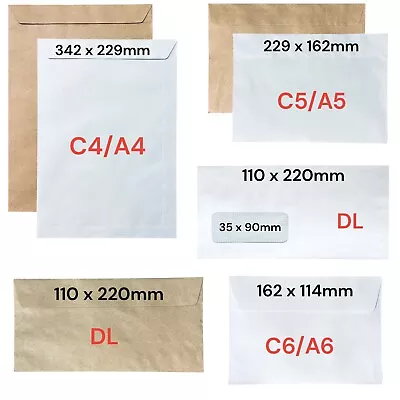 Envelopes Sealable Paper 70gsm Envelope C6/A6 C5/A5 C4/A4 DL Brown White Manilla • £1.59