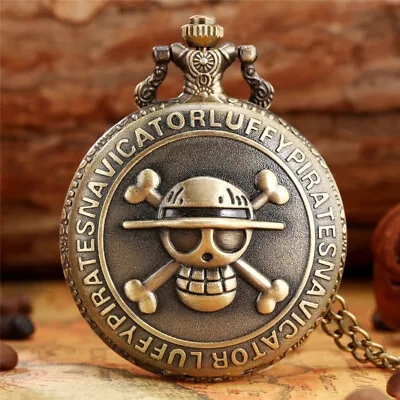 Steampunk Bronze Pirate Skull Unisex Kids Analog Quartz Pocket Watch 80CM Chain • $4.59