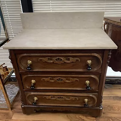 ATQ 1880s Eastlake Hand Carved Walnut Wash Stand W/ Marble Top & Tear Drop Pulls • $599.99