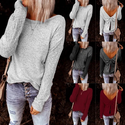 £13.09 • Buy Womens Ribbed Backless Plain Tops Ladies Long Sleeve Casual T Shirt Blouse Size