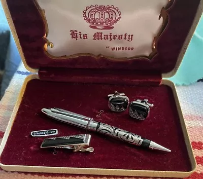 Vntg  Tie Clip Cufflinks Set With Mechanical Pencil W Silver Overlay  Windsor • $24.99