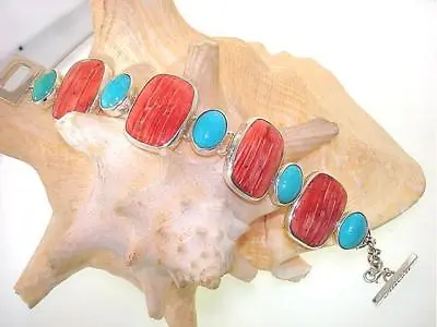 Marta Howell 925 STER Silver Spiny Oyster Shell Nacozari Turquoise Bracelet #2 • $810
