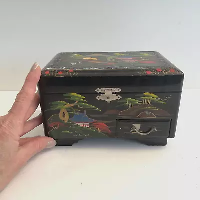 Vintage Black Lacquer Ware Japanese Jewelry Music Box W/Geisha Girl Nice Piece! • $79.99