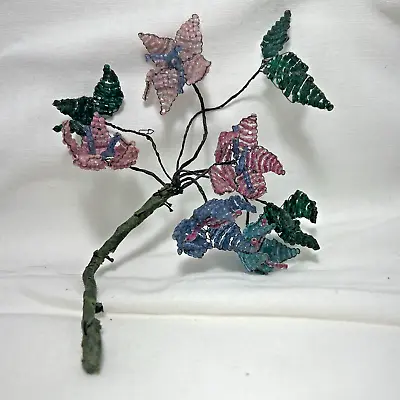 Vintage Wired Glass Seed Beaded Flowers Purple Pink Green Free Shipping • $24.99