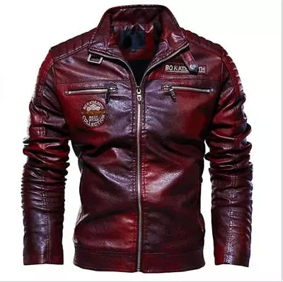 Leather Jacket Men Winter Fleece Motorcycle PU Leahter Jacket Male Stand Collar • $83.58