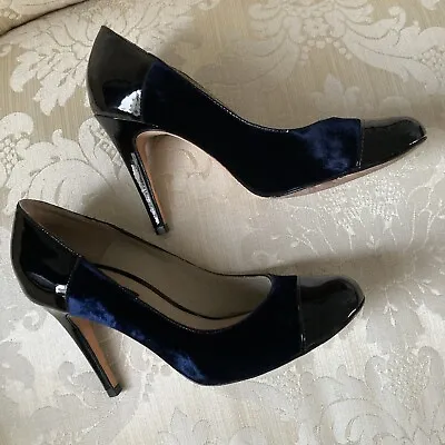 JAEGER Black Patent Leather And Navy Velvet High Heel Shoes - Size UK 5 EU 38 • £12.50