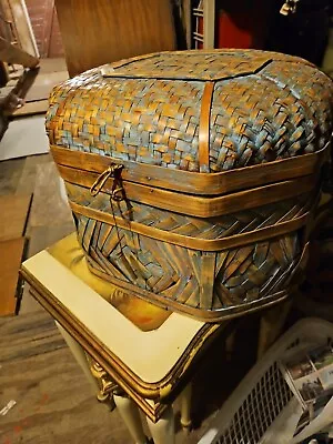 Vintage 60's Hand Woven Asian Bamboo Basket Box Handles Lid Clasp Blue 16x12  • $55