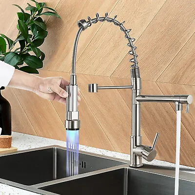 Commercial LED Kitchen Sink Faucet Pull Out Spray 360°Swivel Tap Stainless Steel • $45