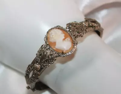 1930s Art Deco Filigree Slide Cameo Bangle Bracelet With Rhodium Over Silver • £141.10