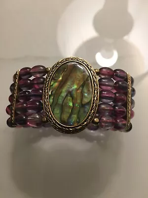 Vintage Monet Cuff Bracelet Purple Beads Abalone Shell • £11.99