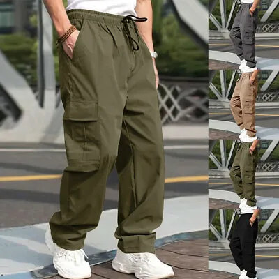 Mens Combat Cargo Pants Wide Leg Elasticated Waist Joggers Work Casual Trousers • £3.49