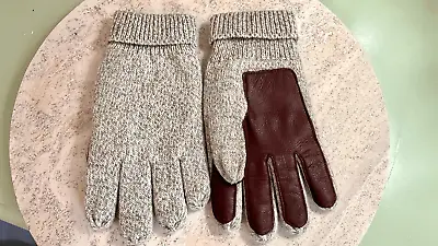 Eddie Bauer Wool Gloves Large Tan Brown Thinsulate Leather Grip Fleece Lined VTG • $28