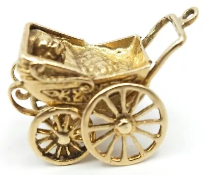 Vintage 9K Yellow Gold Charm Pendant Baby Carriage Pram 5.2g Wheels Move New Mom • $239.99