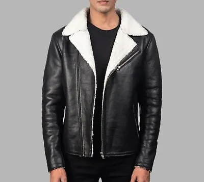 Men's Black Shearling Jacket | Handmade White Fur Leather Jacket | Fur Jacket • $166.03