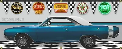 1969 Dodge Dart GTS Blue/White Car (87) Garage Scene 36'X90  13oz. Vinyl Banner. • $76.95