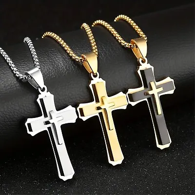 Custom Engraved Men Cross Necklace  Personalized Cross Necklace Men-3 Layers • $21.99
