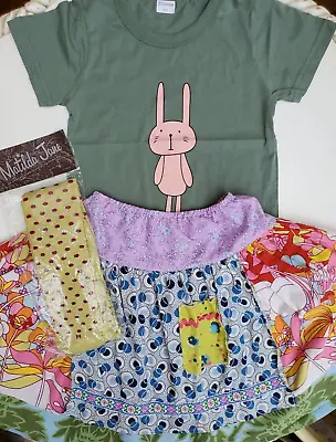 Matilda Jane Girls Vintage Skirt Polka Dot Tights Bunny Tee Size 5 6Y (14005B) • $39.90