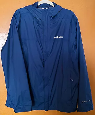 COLUMBIA Rain Wind Jacket Mens Omni Tech Zip RipStop Hooded Long Sleeve Navy Blu • $27.90