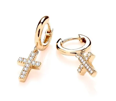 9ct Yellow Gold On Silver CZ CROSS Charm Drop Dangle Huggie Hoop Earrings • £17.95