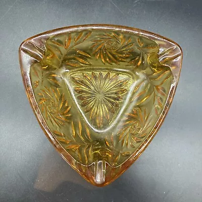 Vtg Hazel Atlas Triangle Ashtray Amber Glass Starburst Dish Pinwheel MCM • $13