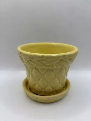 McCoy Yellow Quilted Leaves Pattern Planter With Attached Saucer~3.5 Inch • $24.95