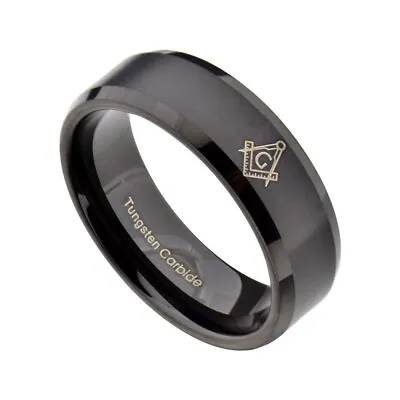 8mm Black Tungsten Carbide Men Wedding Band Ring Freemason Masonic Bevel Edge • $16.99