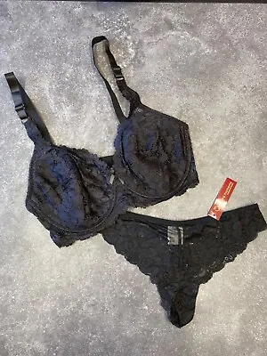 Black Lace Bra And Thong Set Sizes 36C Upto 44H • £17