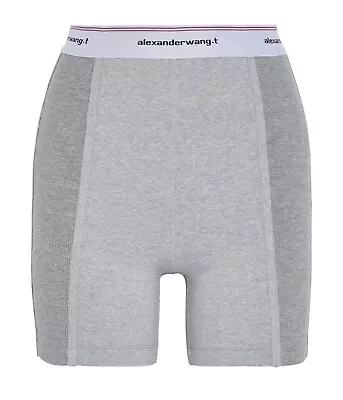 $100 • Buy Alexander Wang Monogram-trimmed Paneled Ribbed Stretch-cotton Jersey Shorts