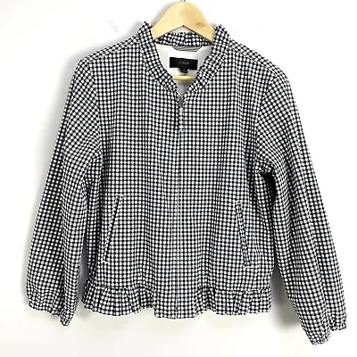 J.CREW Womens Small Ruffle Neck Bomber Jacket In Gingham Navy • $49.99