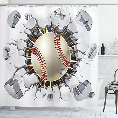 Baseball In Plaster Concrete Wall Illustration Design Decor Shower Curtain Set • £30.40