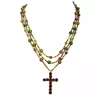 Olive Green & Golden Brown Rhinestone Cross Pendant Necklace Multi Strand Beaded • $19.99