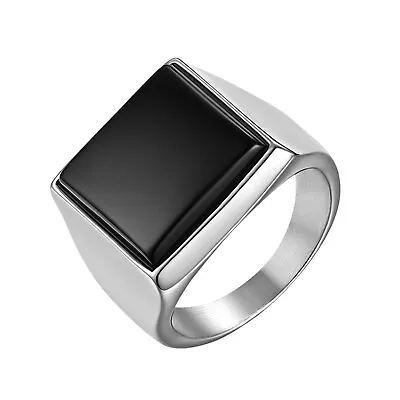 Men's Stainless Steel Polishing Ring Band Black Glass Stone Silver Size 7-12 • $9.99