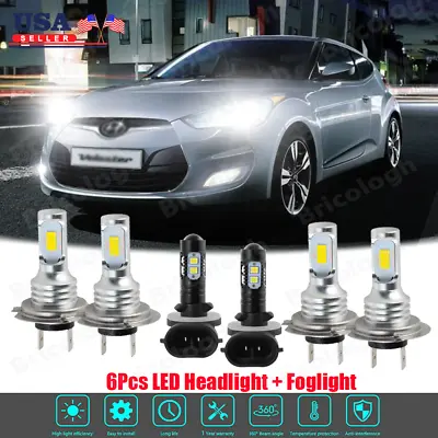 For 2012-2017 Hyundai Veloster 6000K LED Headlight High Low+Fog Light Bulbs Kit • $28.70