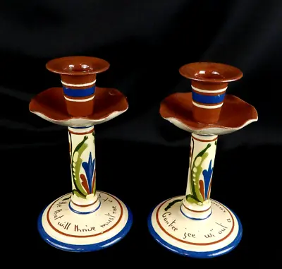 Vintage English Motto Ware Pottery Candle Holder Pair 8.25  Ruffled Collar • $150
