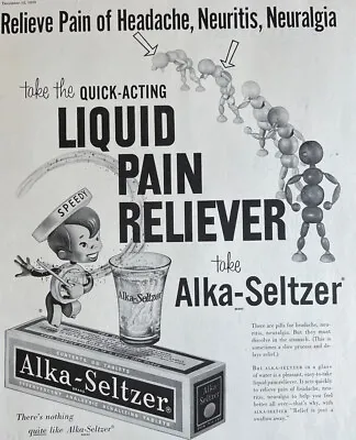 Vintage Alka-Seltzer Magazine Print Ad 1959 Quick Acting Pain Relief Speedy SEE • $18.90