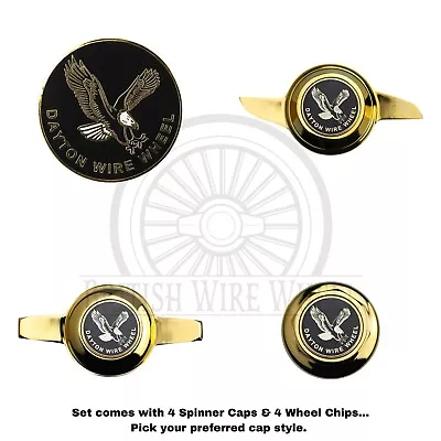 Gold Spinner Caps With Dayton Gold & Black Wire Wheel Chip Emblems Set Of 4 • $547.16