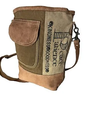 Boho Recycled Olive/Tan Military Tent Canvas Truck Tarp Crossbody Bag Leather • $49