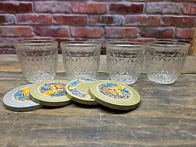 Vintage Lot Of 4 Ball Quilted Crystal Jelly Jars With Floral Fruit Lids • $39.98