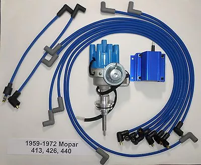 1959-72 MOPAR 440 BLUE Small Female Cap HEI Distributor +Coil + Spark Plug Wires • $155.62