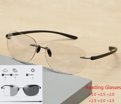 Men Metal Rimless Photochromic Bifocal Reading Glasses Oval Outdoor Sunglasses • $11.09