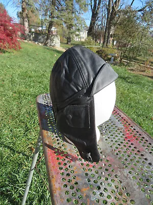 Mil-Tec Flight Leather Hood BLACK AVIATION HELMET WW1 Repro Size L • $35